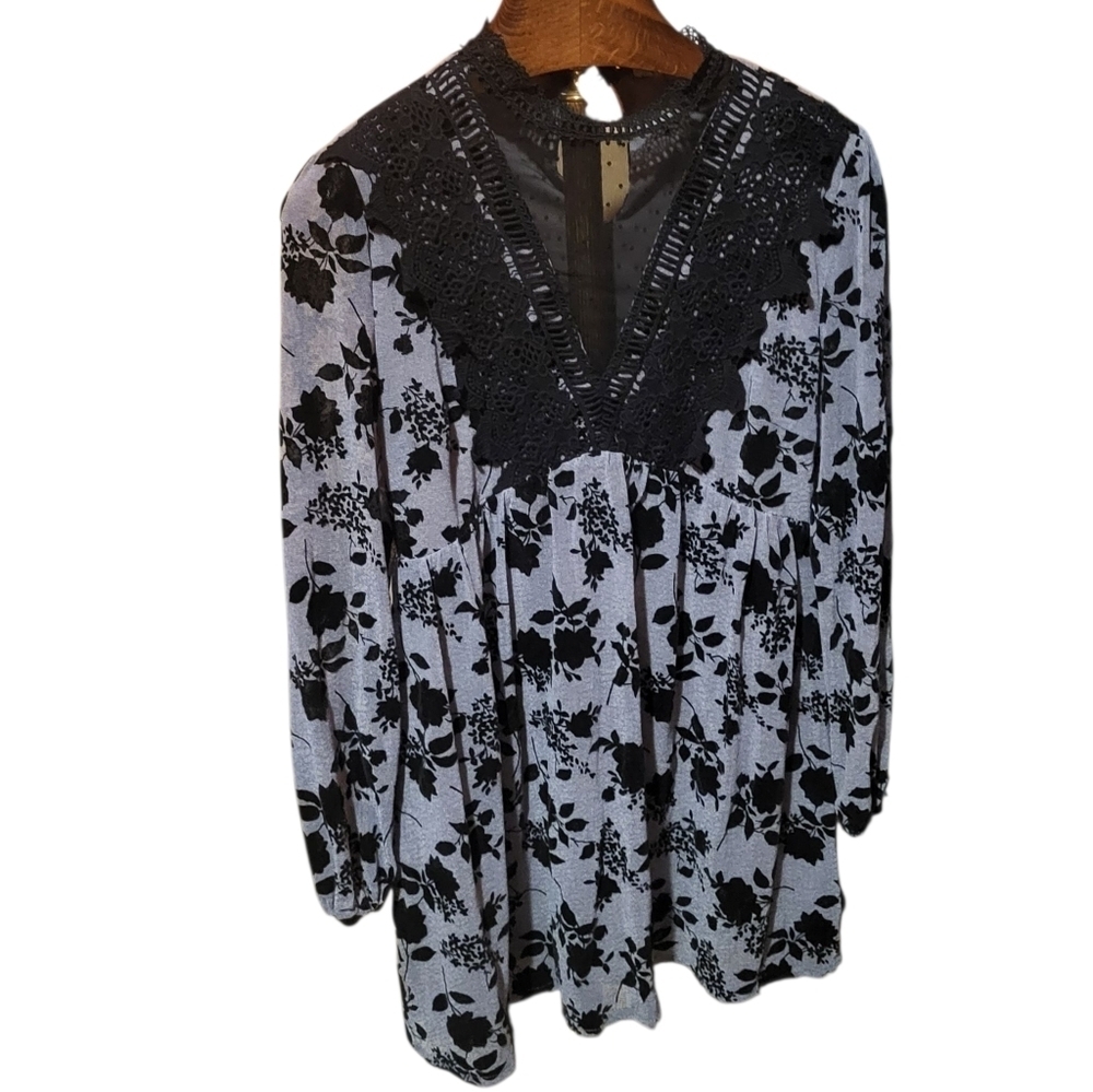 Entro Gray Burnout Velvet Long Sleeve Lace Collar Babydoll Dress Size Large Y2K